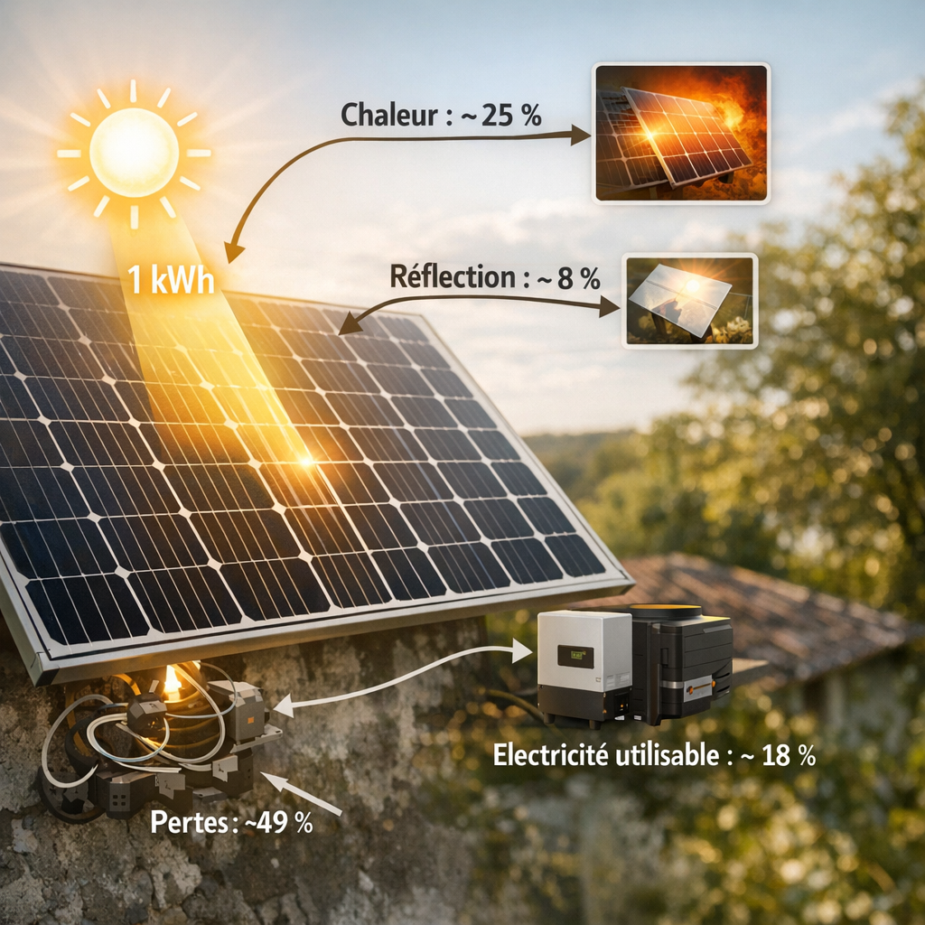 Exemple chiffré : que devient 1 kWh de soleil reçu par un module de 400 Wc ?