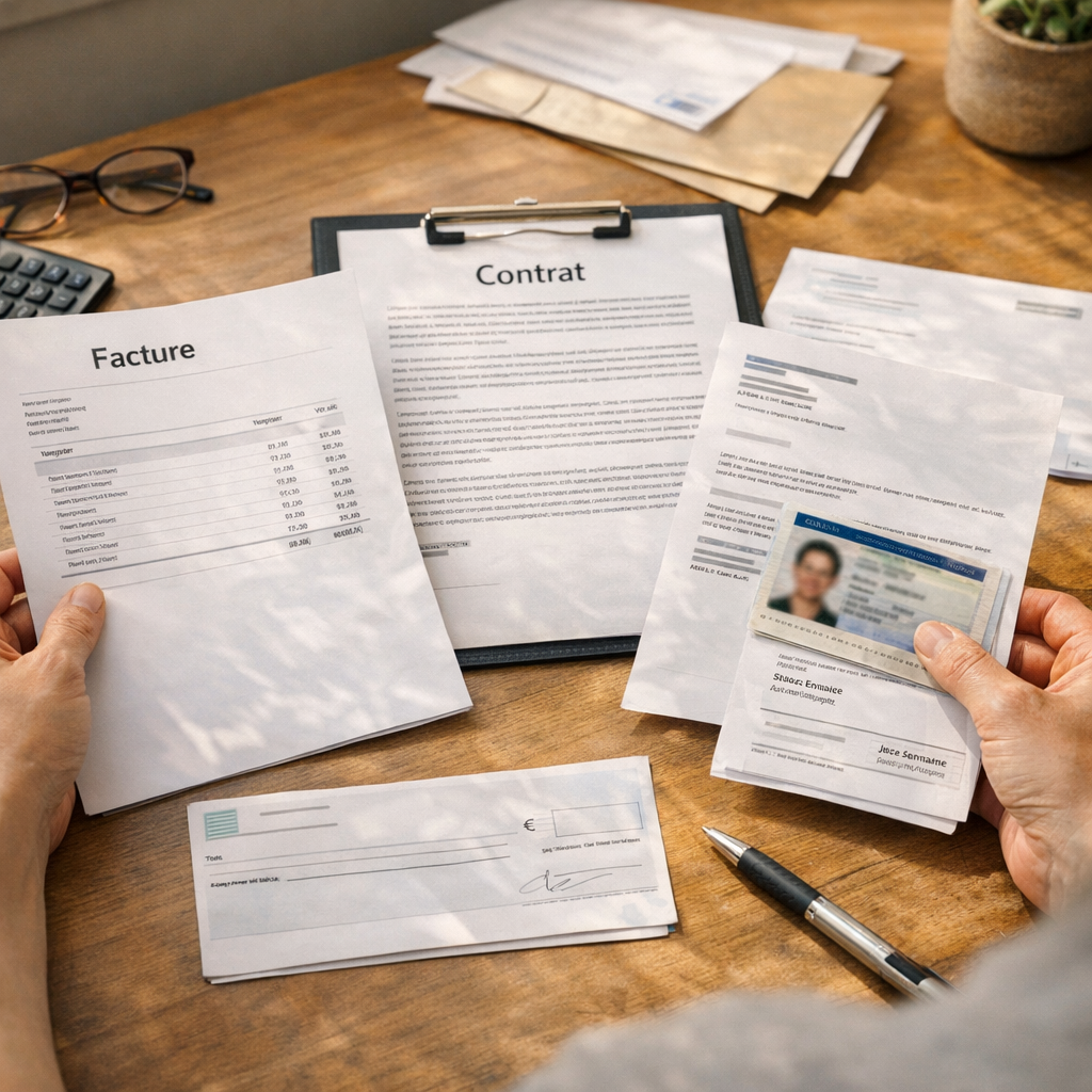 Documents à préparer : facture, contrat et cas où le nom ne correspond pas