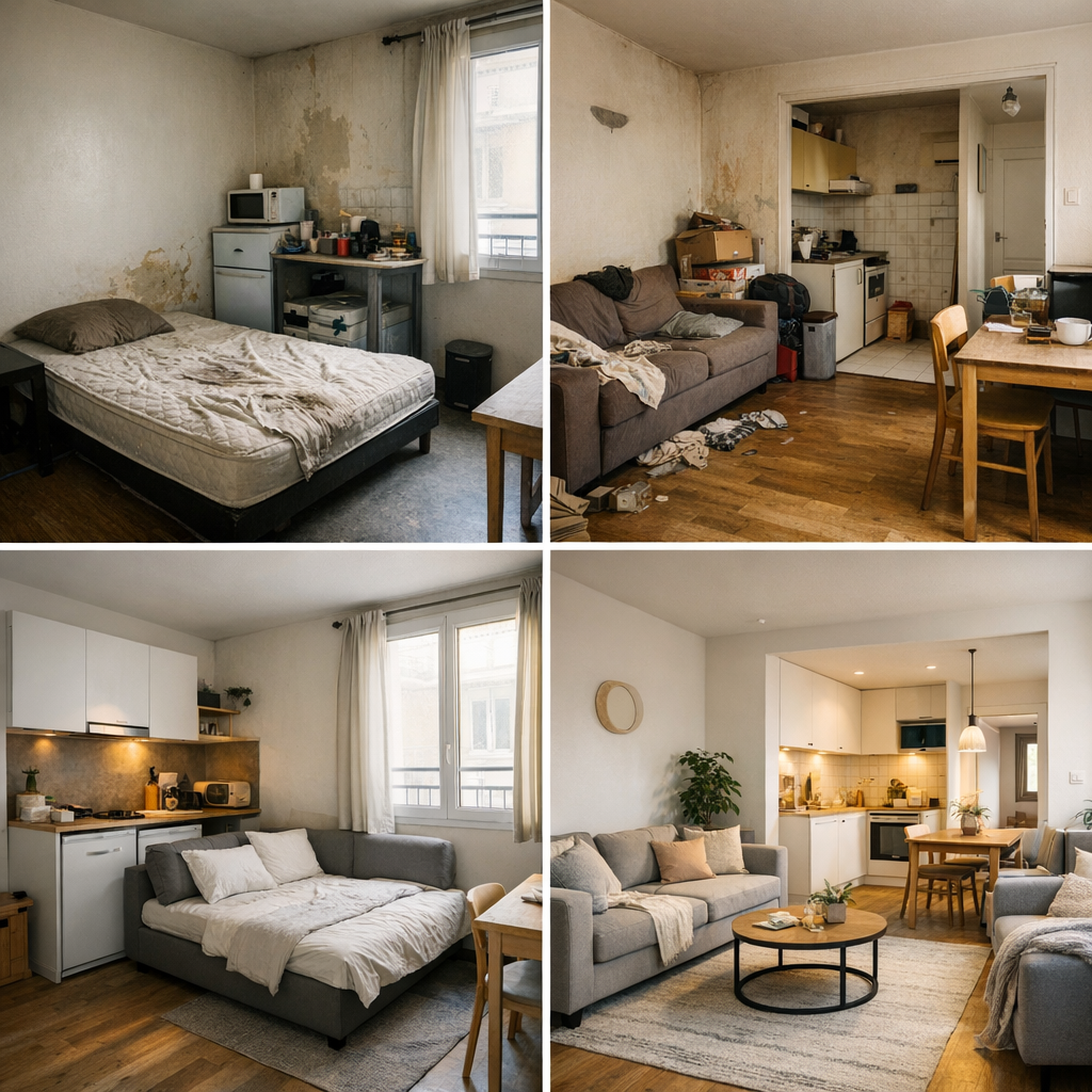Deux cas concrets : studio de 18 m² et T1 de 32 m² avant/après